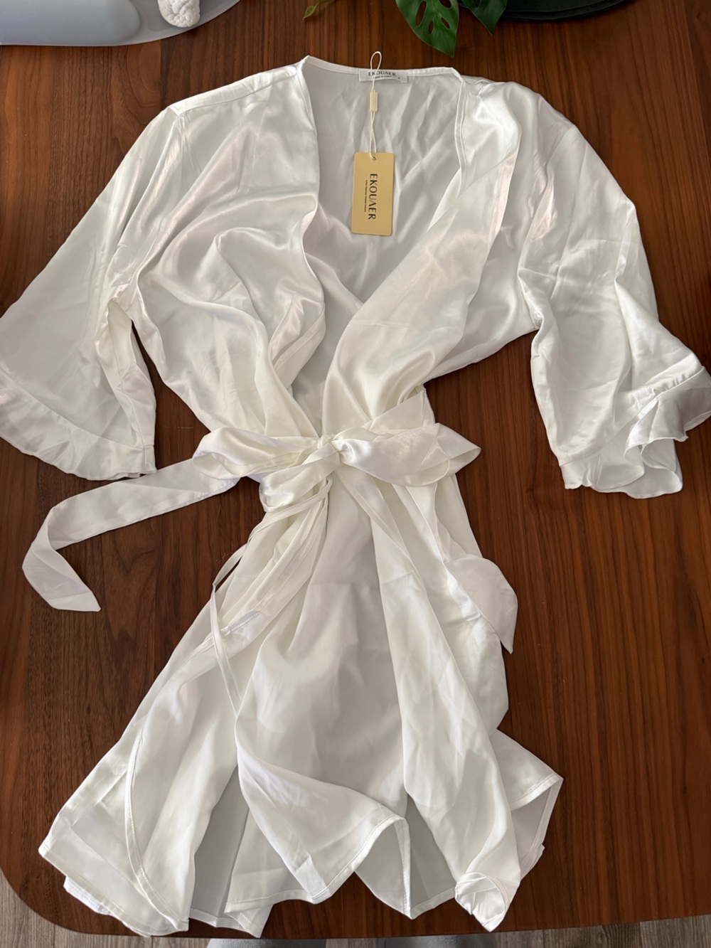 Ekouaer White Satin Wrap Robe